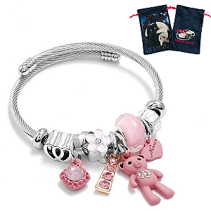Pulseira Inox Tipo Pandora Berloques Urso Rosa + Bag Gatos
