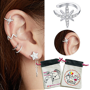 Piercing Pressão Orelha Ear Cuff Prata 925 Star +Bag Flork