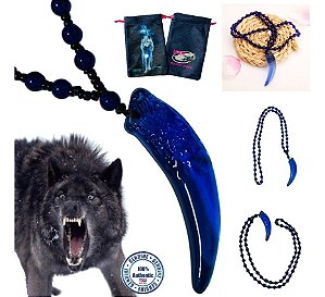 Colar Dente Lobo Cristal Azul Obsidiana Wolf Blue + Bag Lobo
