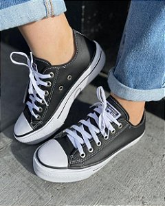 All star plataforma feminino branco couro linha preta