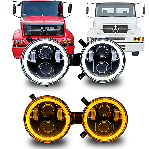 KIT FARÓIS LED 5.75" ANGEL EYES 6000K E SUPORTES PARA MB 1620 1938 1634