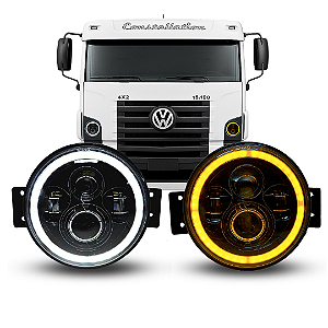 FARÓIS LED ANGEL EYES VW CONSTELLATION COM SUPORTES LANTERNA