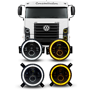 KIT 4 FARÓIS ANGEL LED COM SUPORTES PARA VW CONSTELLATION