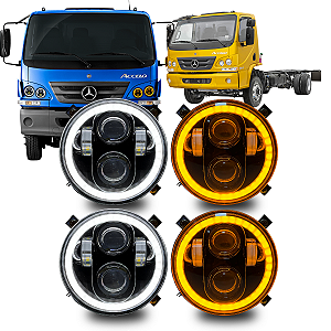 KIT 4 FARÓIS LED COMPLETO 5.75 ANGEL EYES 6000K C/SUPORTE MB ACCELO 815 915 1016