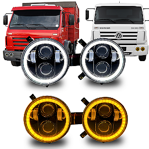 KIT FARÓIS LED 5.75" ANGEL EYES 6000K E SUPORTES PARA VW WORKER TITAN