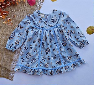 Vestido Infantil Menina Milon Floral Manga Longa Azul