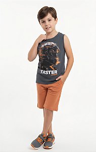 Conjunto Infantil Masculino Kyly Regata Machão "Faster" e Bermuda em Moletinho