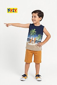 Conjunto Infantil Menino Kyly Regata Surf e Bermuda Mostarda – Verão