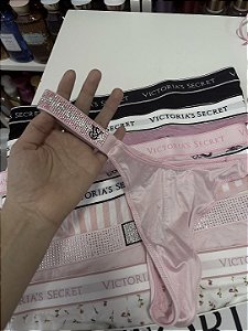 Calcinha Rosa Fio Victoria Secret Alça em Strass