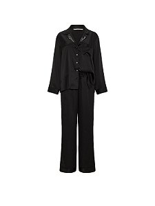 Pijama Longo de Cetim Preto Com Gola Em Strass Victoria´s Secret