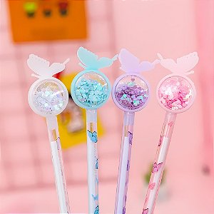 Caneta Fofa Gel Borboleta Glitter 0.4 mm