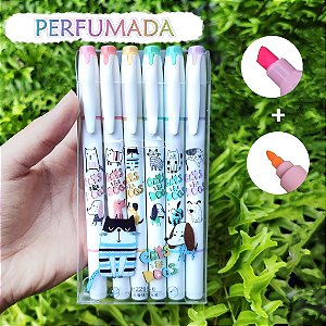 Kit Marca Texto Fofo Duas Pontas Perfumadas Kawaii 6 Cores Marcador Dual Brush