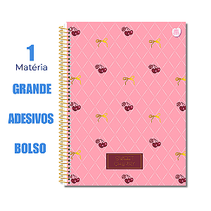 Caderno Universitário 1 Matéria 80 Folhas Sweet Cherry Laço e Cereja Rosa