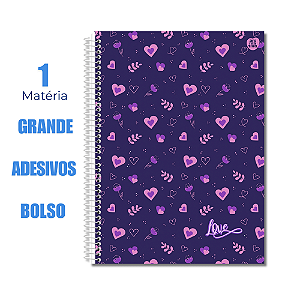 Caderno Universtário 1 Matéria Love Roxo Corações
