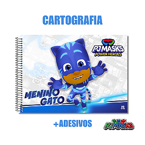 Caderno de Desenho Pj Masks Com Adesivos Quadrinhos 60 Folhas Menino Gato