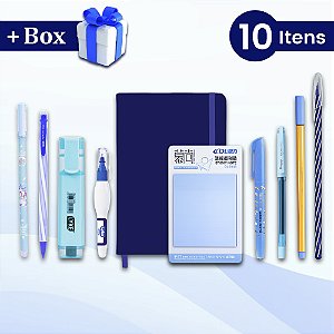 Kit Papelaria Azul Caderneta Anotações Bloquinho