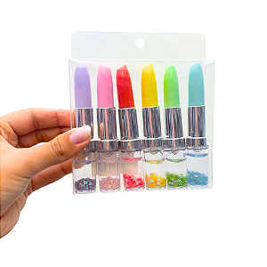 Caneta Fofa Batom Lantejoula Mulher 6 Cores Tinta Preta