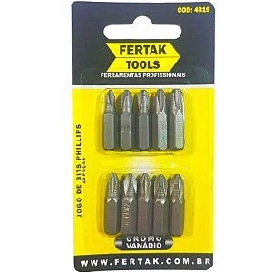 Jogo de Bits Phillips Cromo Vanádio 25mm com 10 Peças Fertak