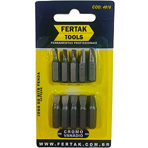 Jogo de Bits Fenda de Cromo Vanádio 25mm com 10 Peças Fertak