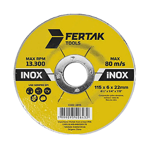 DISCO DE DESBASTE P/ ESMERILHADEIRA 115X6X22MM INOX - FERTAK