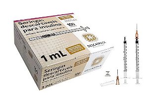 Seringa de Insulina 1ML C/ Agulha Móvel 13mm x 4,5mm Bico Slip C/ 100 Unidades - Descarpack
