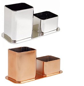 PORTA CANETA DUPLO DELLO METALIZADO - ROSE E PRATA