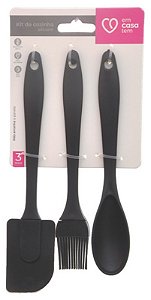 SILICONE - KIT COZINHA C/ 03 PCS PRETO (COLHER + PINCEL + ESPATULA)