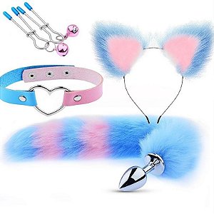 Kit Anal Rabo de Raposa  4 Peças - Azul com Rosa