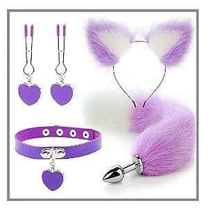 Kit Anal Rabo de Raposa  4 Peças - Lilas Com Branco