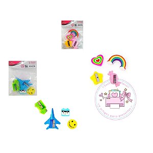 Kit  2 Borrachas + 2 Apontadores Criativos Decorados (WIN PAPER)