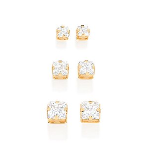 Kit 3 Brincos Rommanel Solitário Cristal de Zircônia 527039