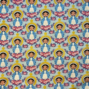 TRICOLINE ESTAMPADA (SANTINHA E FLORES FUNDO AZUL CLARO)