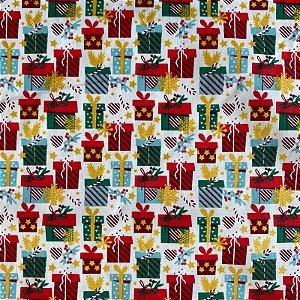 TECIDO TRICOLINE ESTAMPADO DE NATAL PRESENTES BRANCO