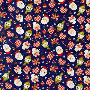 TECIDO TRICOLINE ESTAMPADO DE NATAL PAPAI NOEL AZUL