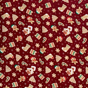 TECIDO TRICOLINE ESTAMPADO DE NATAL BISCOITO  VERMELHO