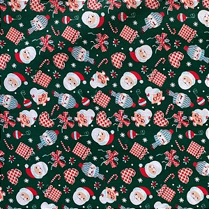 TECIDO TRICOLINE ESTAMPADO DE NATAL  PAPAI NOEL VERDE