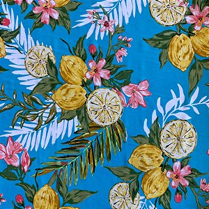 TECIDO VISCOSE ESTAMPADA (LARANJA E FUNDO AZUL)