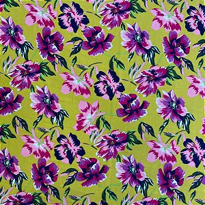 TECIDO VISCOSE ESTAMPADA (FLOR ROXA FUNDO AMARELO)