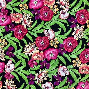 TECIDO VISCOSE ESTAMPADA (FLOR ROXA E ROSA  FUNDO PRETO)