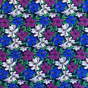 TECIDO VISCOSE ESTAMPADA (FLOR AZUL E ROXA FUNDO PRETO)