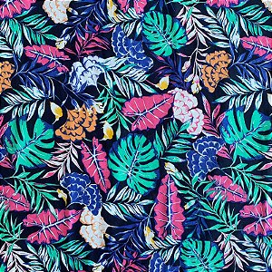 TECIDO VISCOSE ESTAMPADA (FLOR VERDE E ROXA FUNDO PRETO)