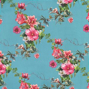 TULE ESTAMPADO (FLOR ROSA COM FUNDO AZUL)