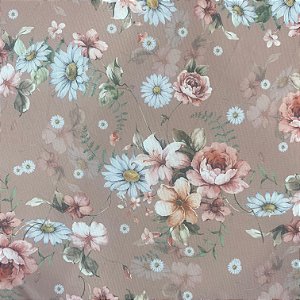 TULE ESTAMPADO (FLOR ROSA COM FUNDO ROSA  ANTIGO)