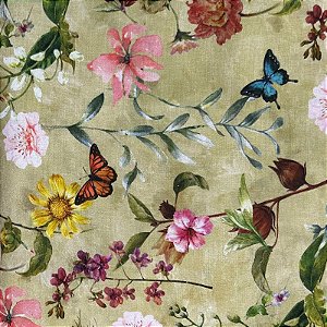 TRICOLINE ESTAMPADA | FLORES COM  BORBOLETA FUNDO BEGE
