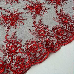 RENDA CORD METALIZADA EWA | 100% POLIÉS BARRADA - 1,30m | VERMELHO E PRETO