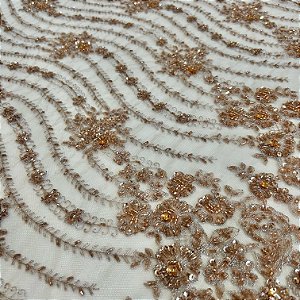 RENDA TULE BORDADO C/ PEDRARIA PREMIUM | 1,20m | BRONZE