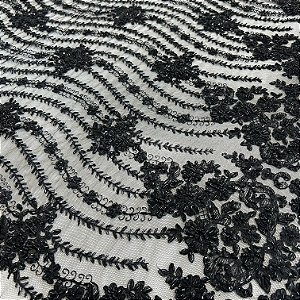 RENDA TULE BORDADO C/ PEDRARIA PREMIUM | 1,20m | PRETO