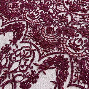 RENDA TULE BORDADO C/ PEDRARIA PREMIUM | 1,20m X 0,50m | MARSALA