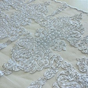 RENDA TULE BORDADO C/ PEDRARIA PREMIUM | 1,20m X 0,50m | BRANCO 2