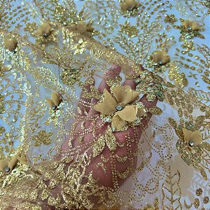 Tecido Tule com Glitter Floral 3D | 1,40m | Dourado